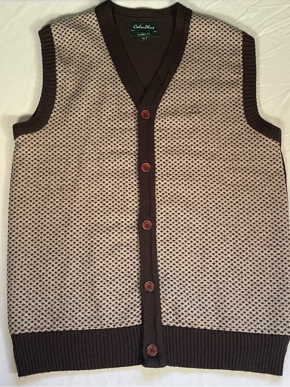 ColorPlus Classic Fit Knit Button-Up Sweater Vest - VTG Inspired Brown Size Med